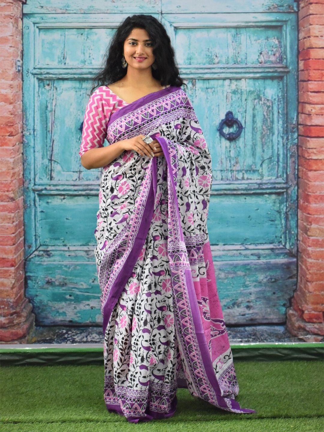 jalther floral pure cotton block print saree