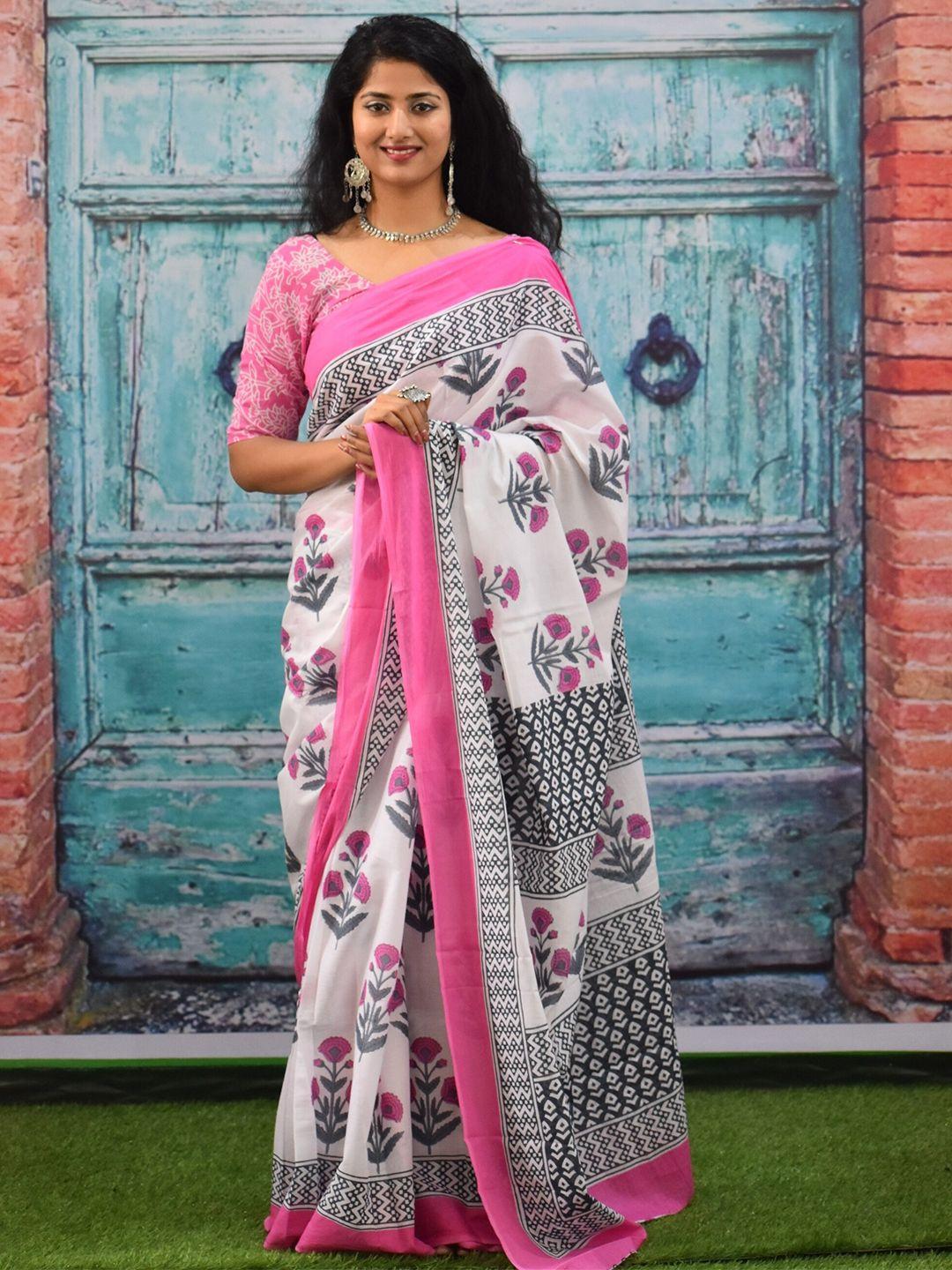 jalther floral pure cotton block print saree