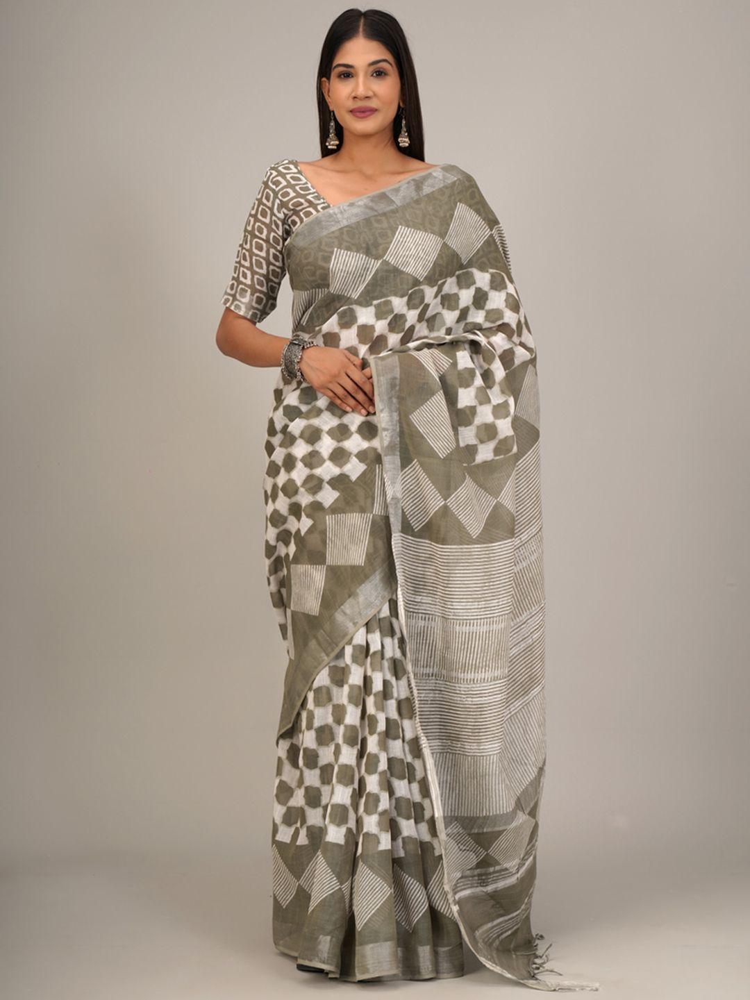 jalther geometric block printed zari cotton linen saree