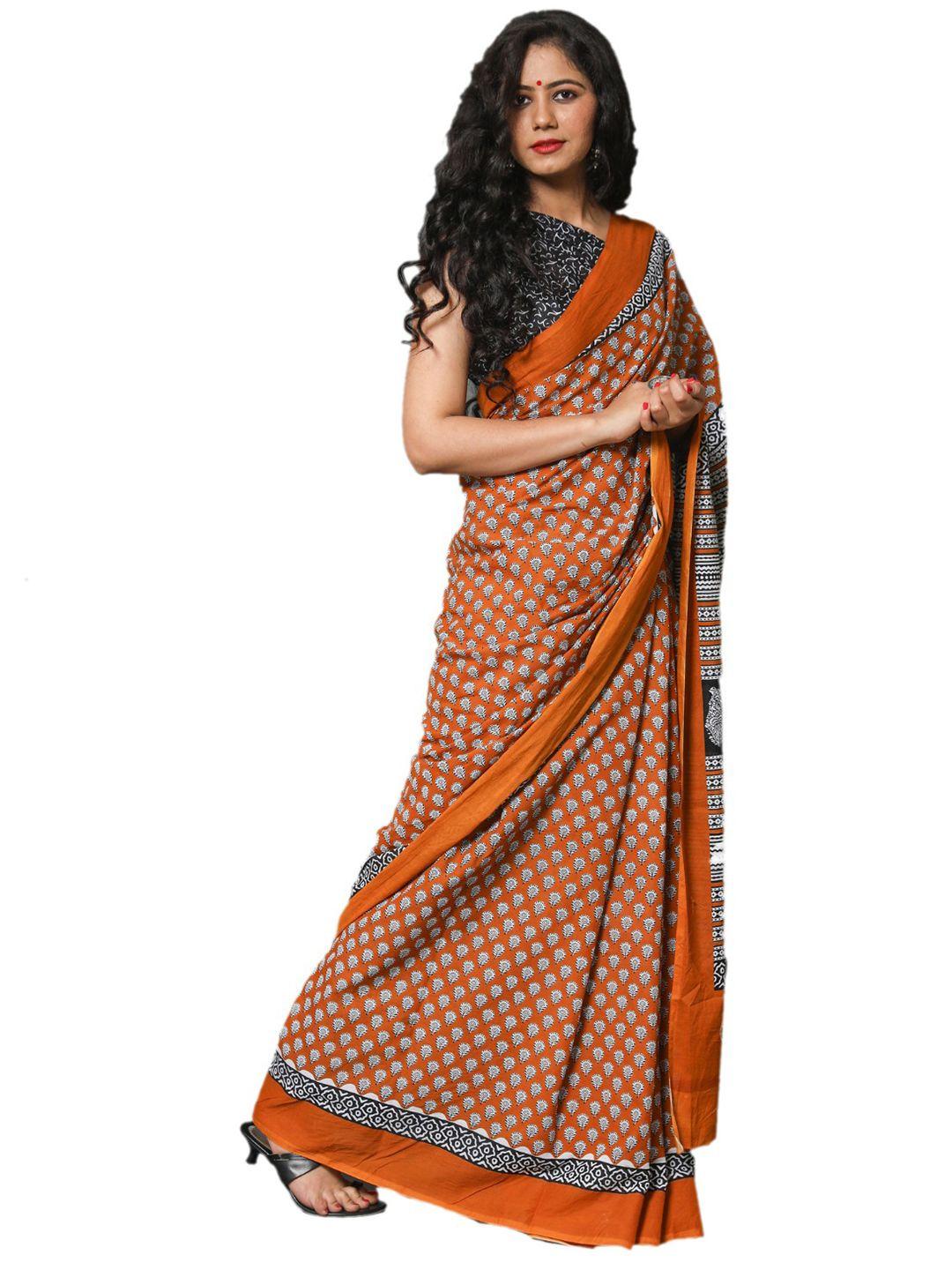 jalther mustard & black ethnic motifs pure cotton block print saree