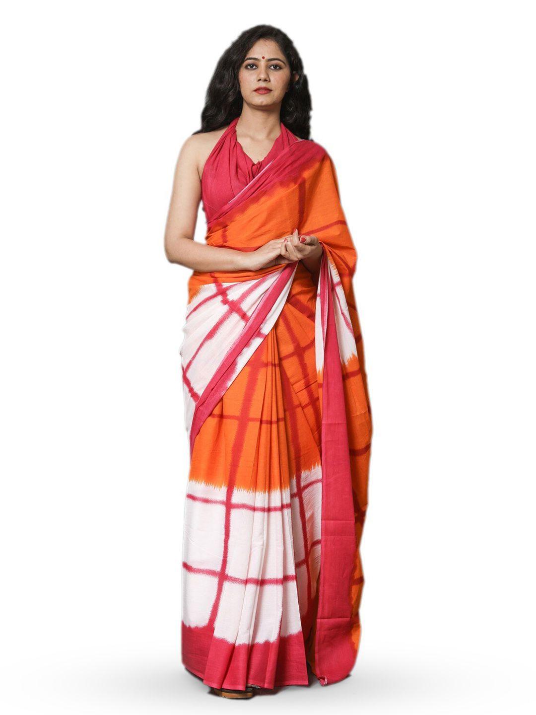 jalther orange & red pure cotton block print saree