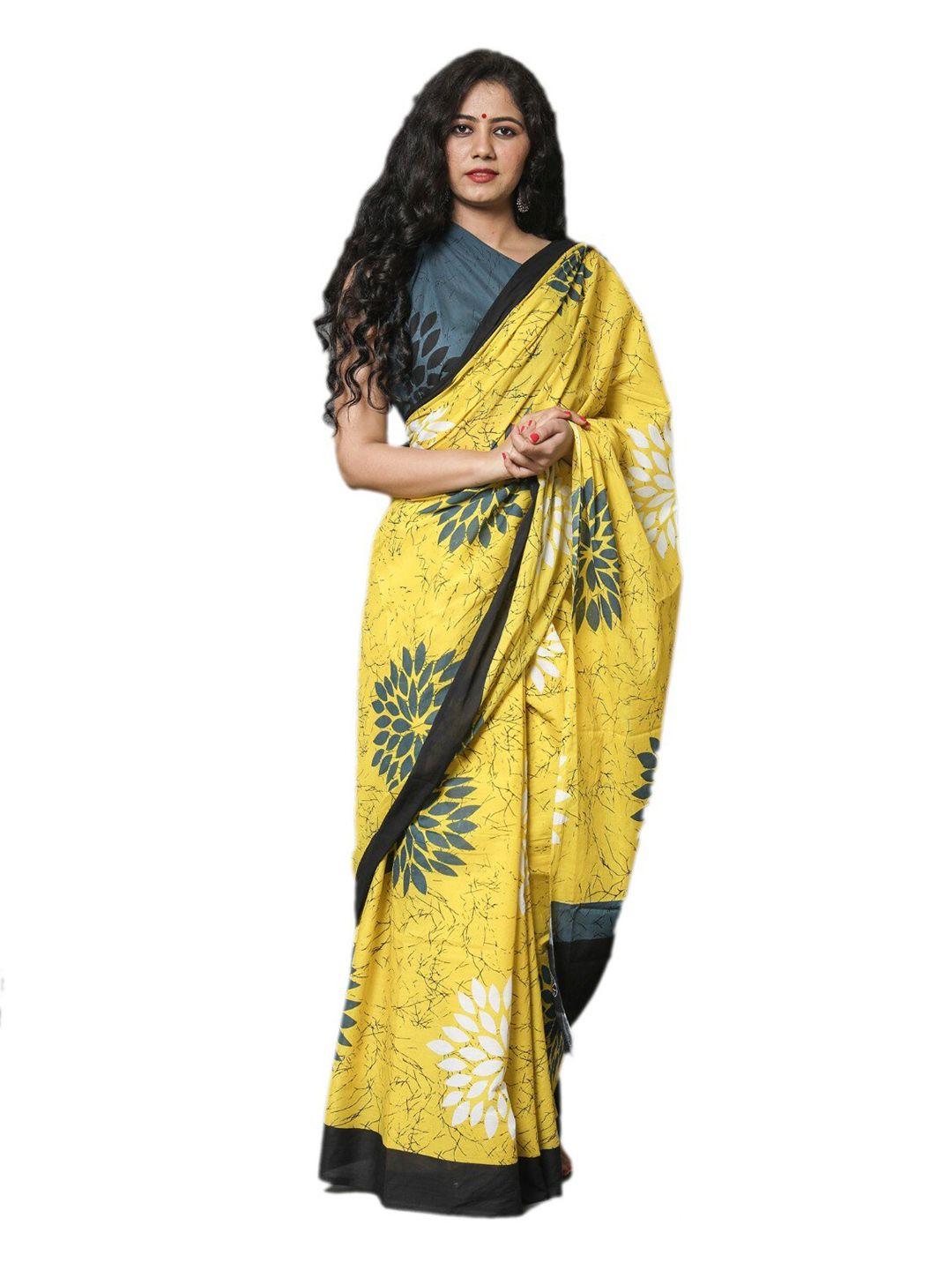 jalther yellow & black ethnic motifs pure cotton block print saree