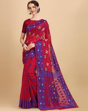 jamdani cotton floral print silk saree