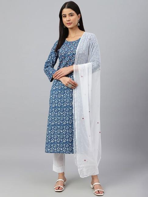 janasya blue & white cotton printed kurta pant set with dupatta