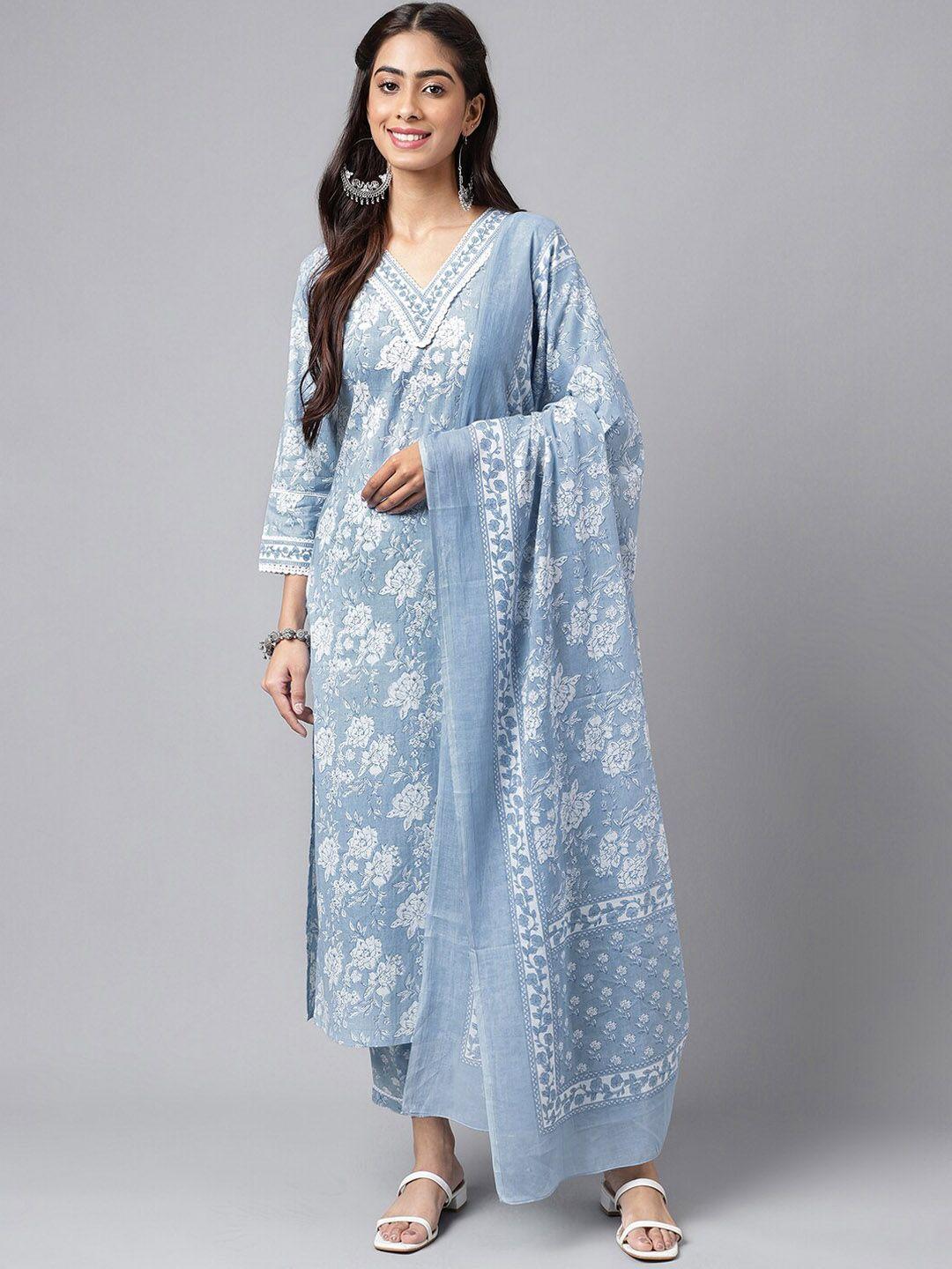 janasya blue floral printed v-neck pure cotton straight kurta with salwar and dupatta