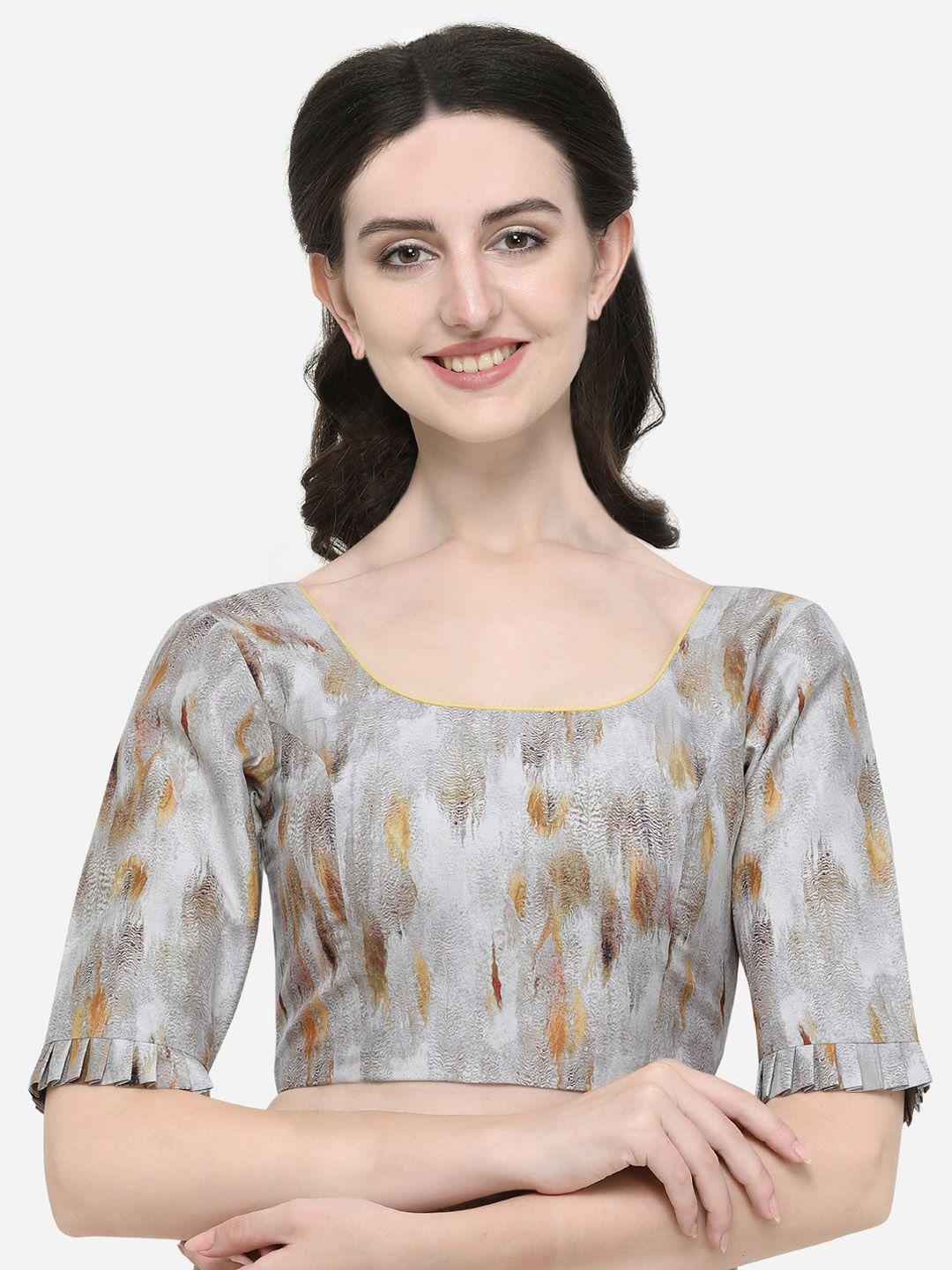 janasya grey & brown printed stitched saree blouse