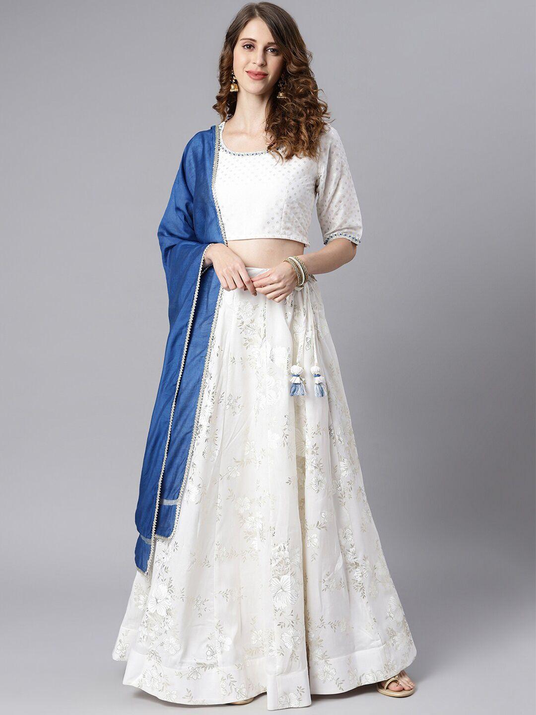 janasya white & blue foil print ready to wear lehenga & blouse with dupatta