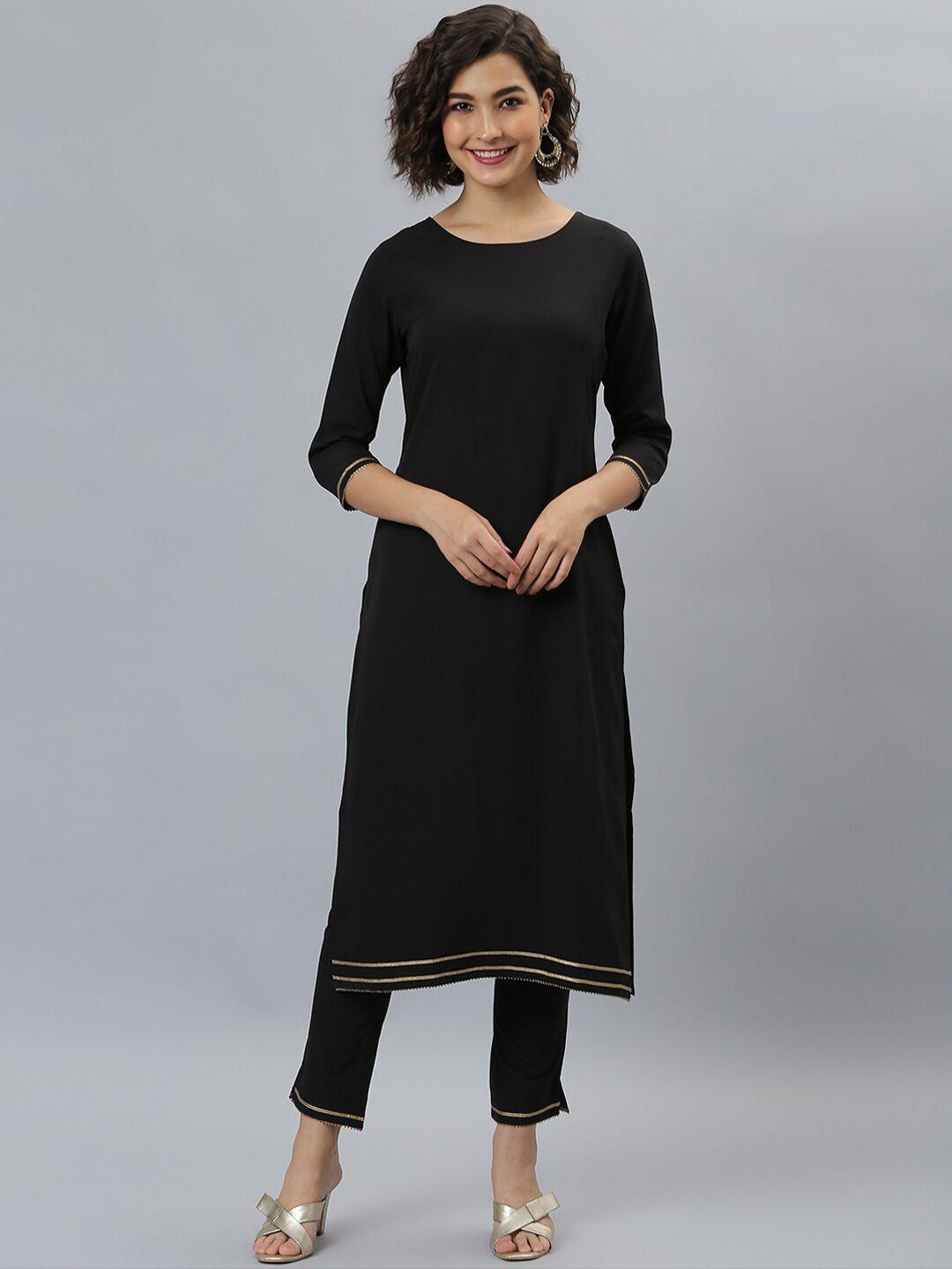 janasya women black regular kurta with trousers