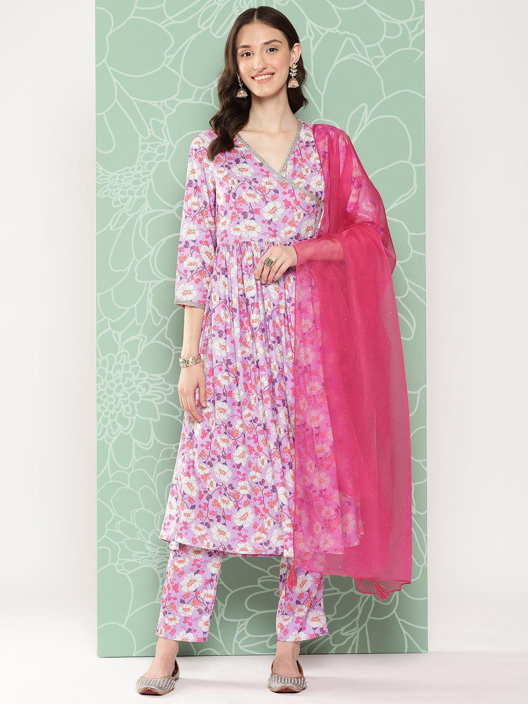 janasya women floral printed angrakha kurta with trousers & with dupatta