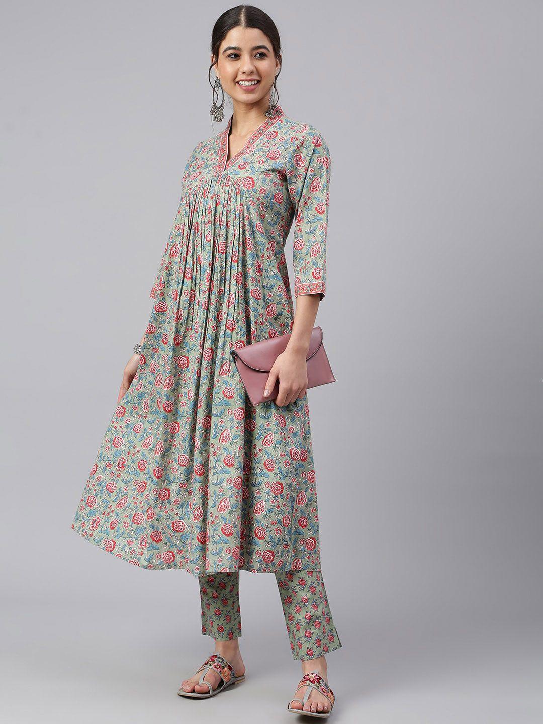 janasya women floral printed empire pure cotton kurta with trousers