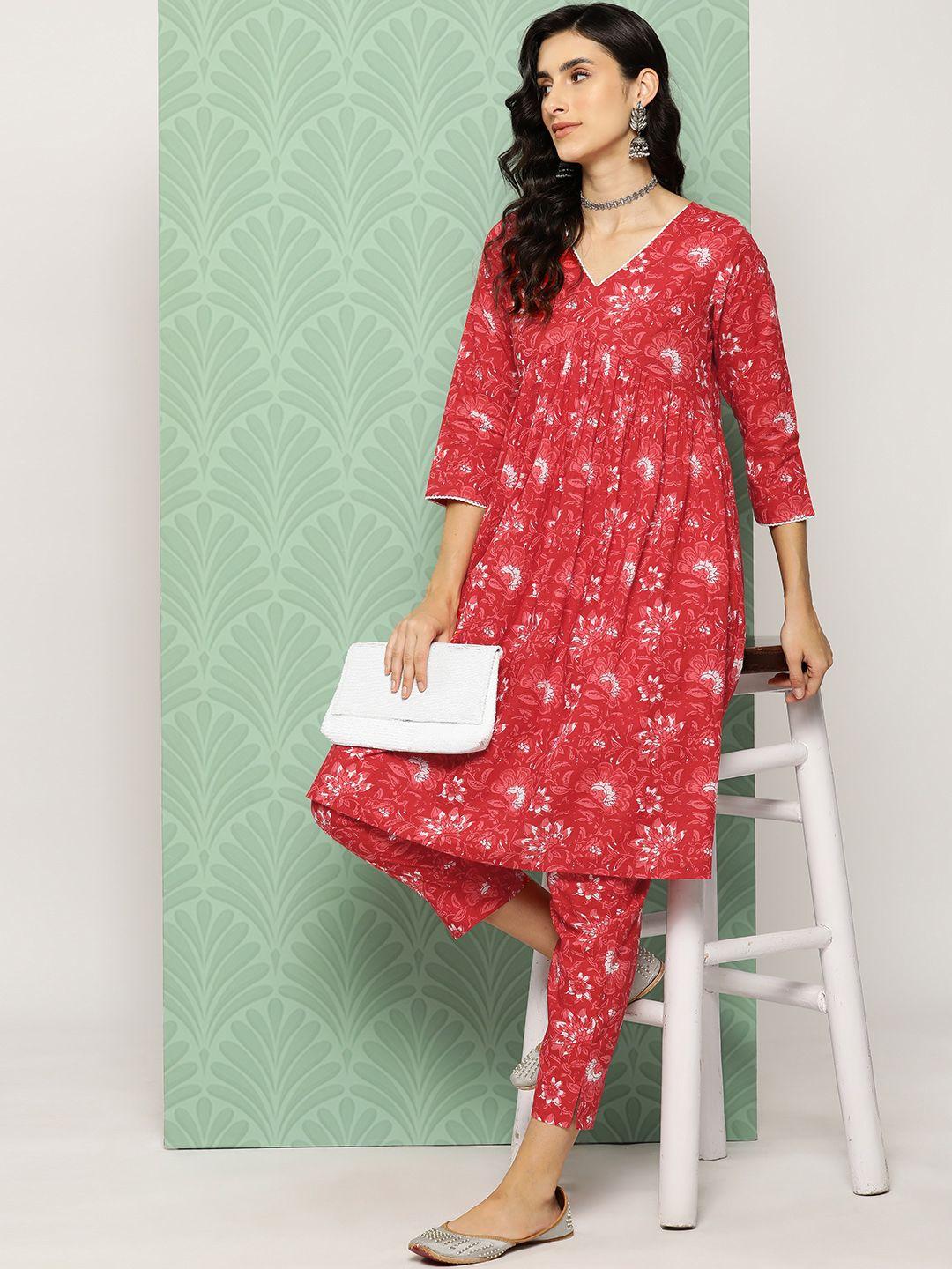 janasya women floral printed regular pure cotton kurta with trousers