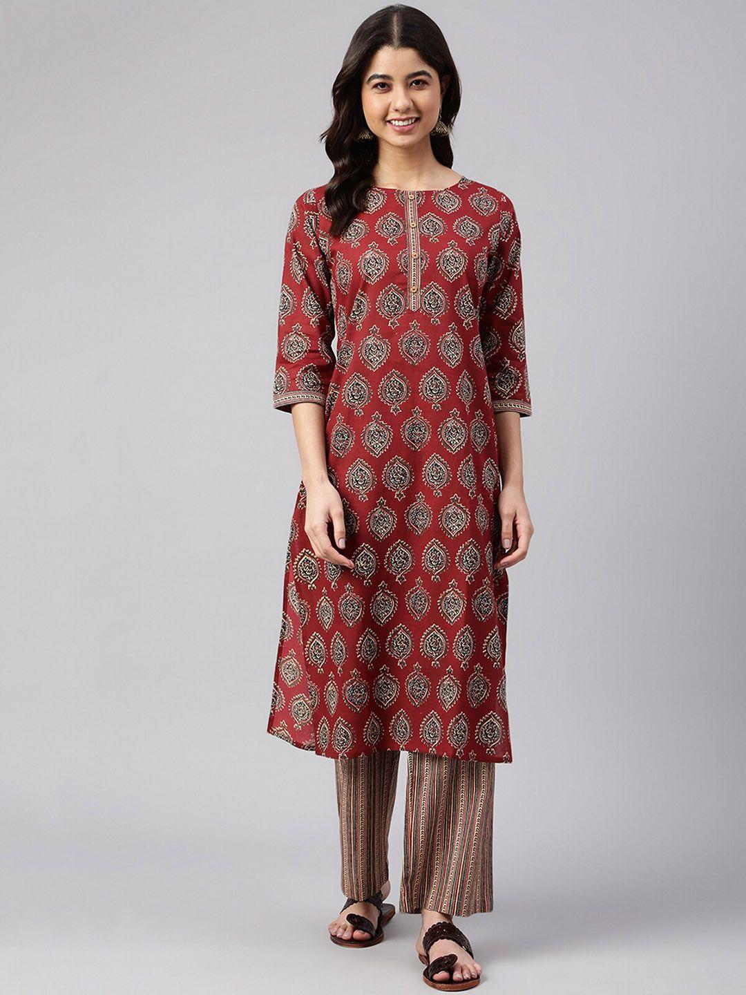 janasya women maroon ethnic motifs printed pure cotton kurta with trousers