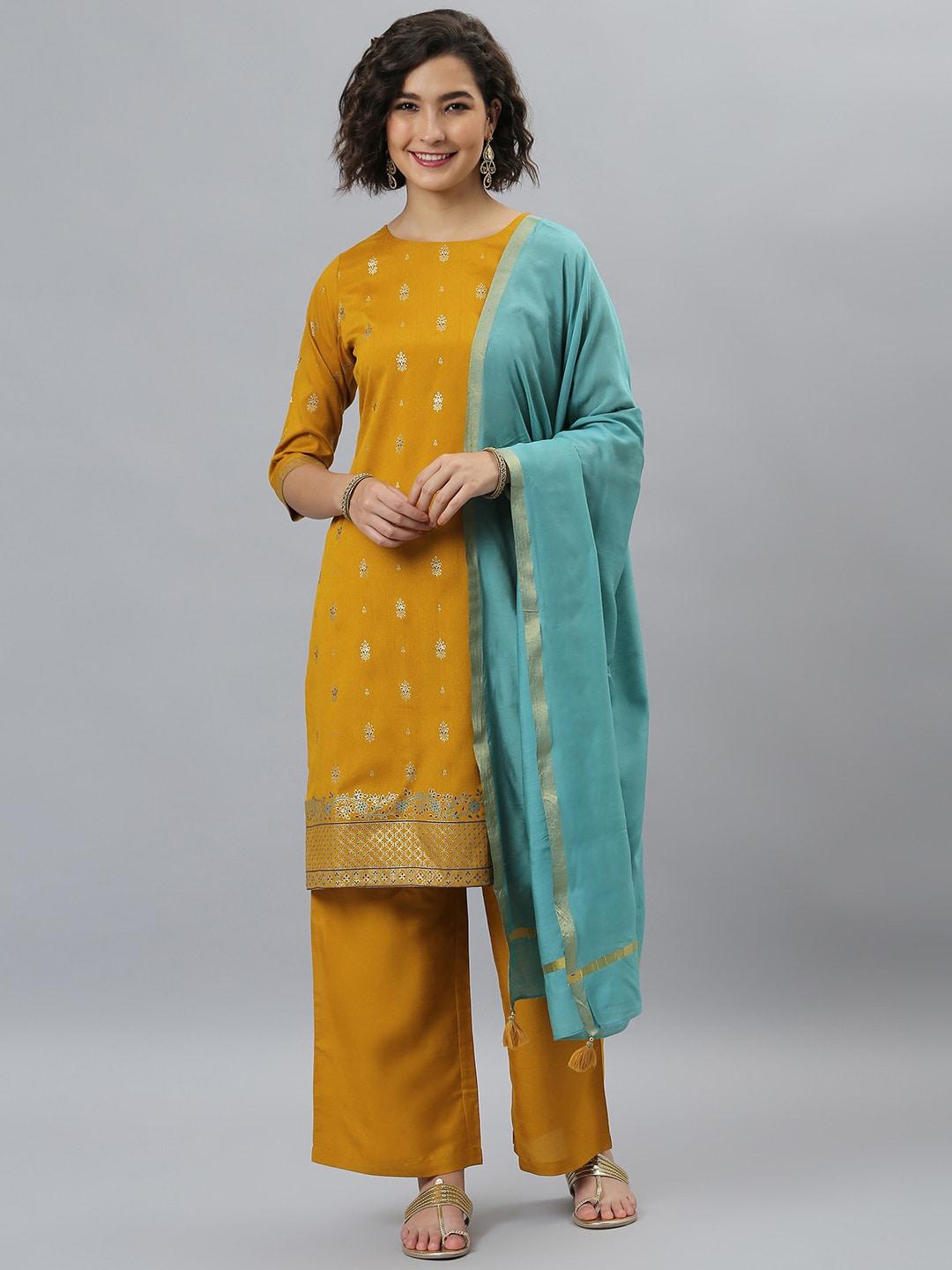 janasya women mustard poly silk straight kurta with palazzo and dupatta