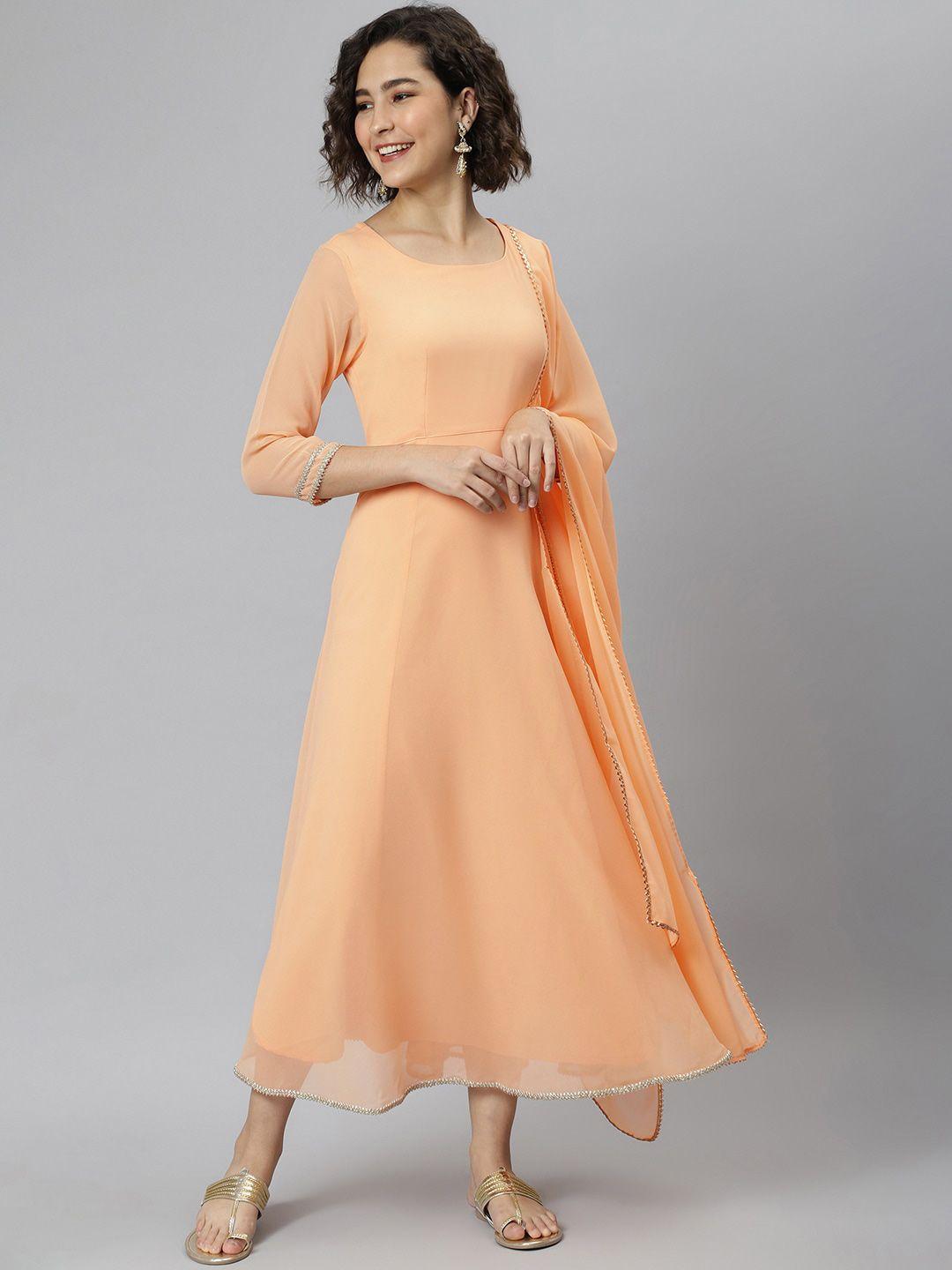 janasya women peach-coloured flared sleeves georgette anarkali kurta