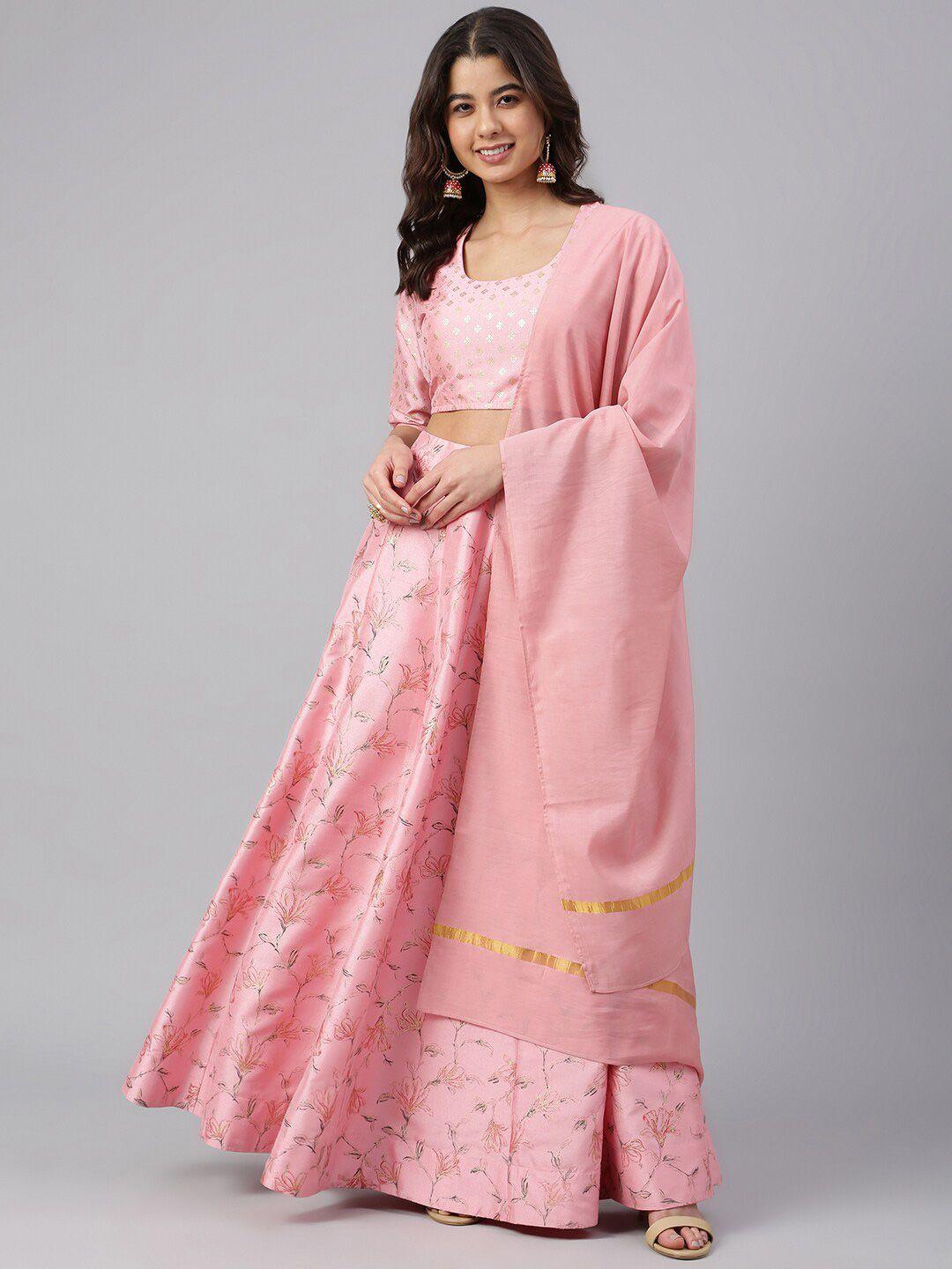 janasya women pink poly silk gold print lehenga choli with dupatta