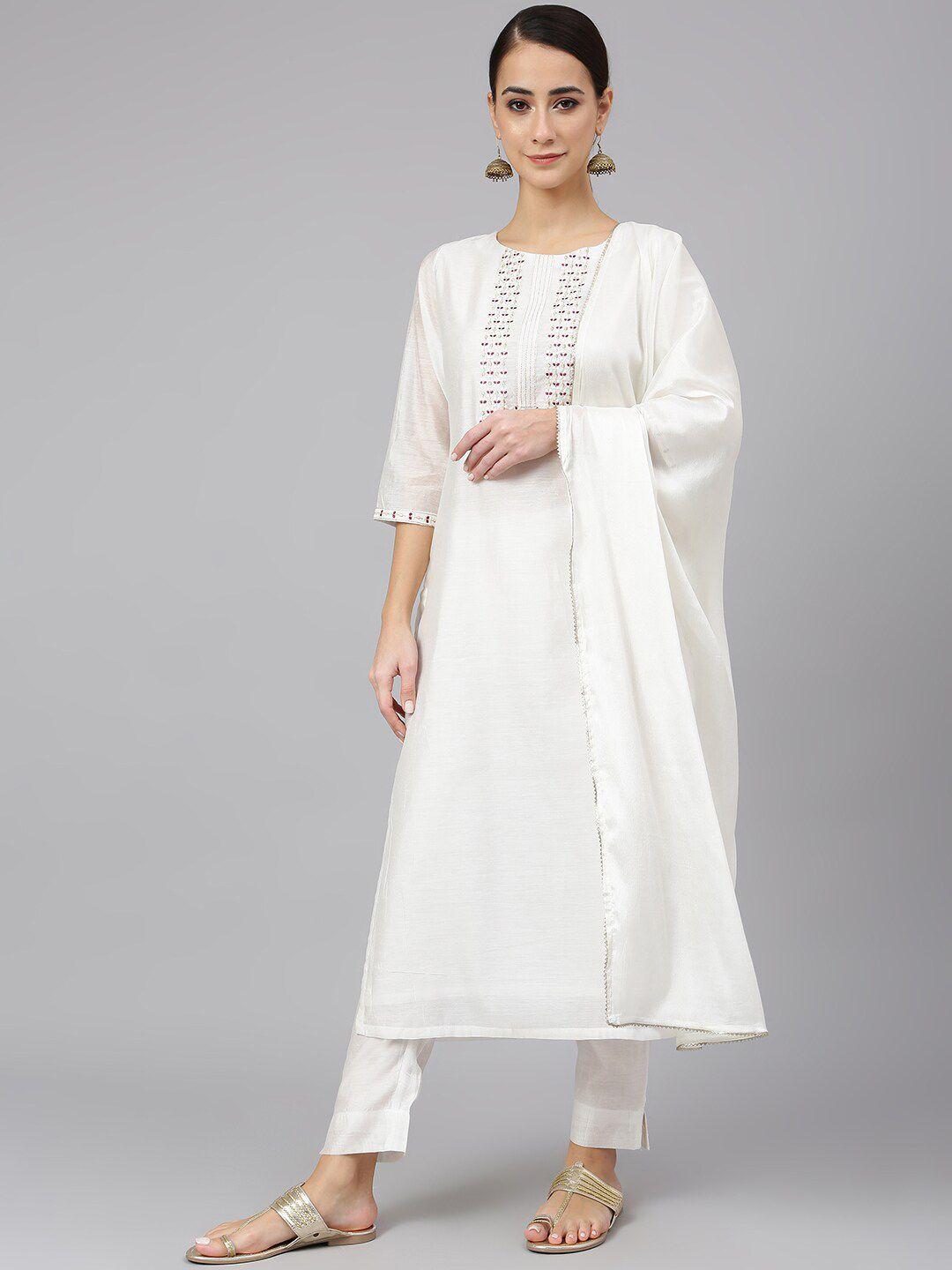 janasya women white poly silk solid kurta with trousers and dupatta