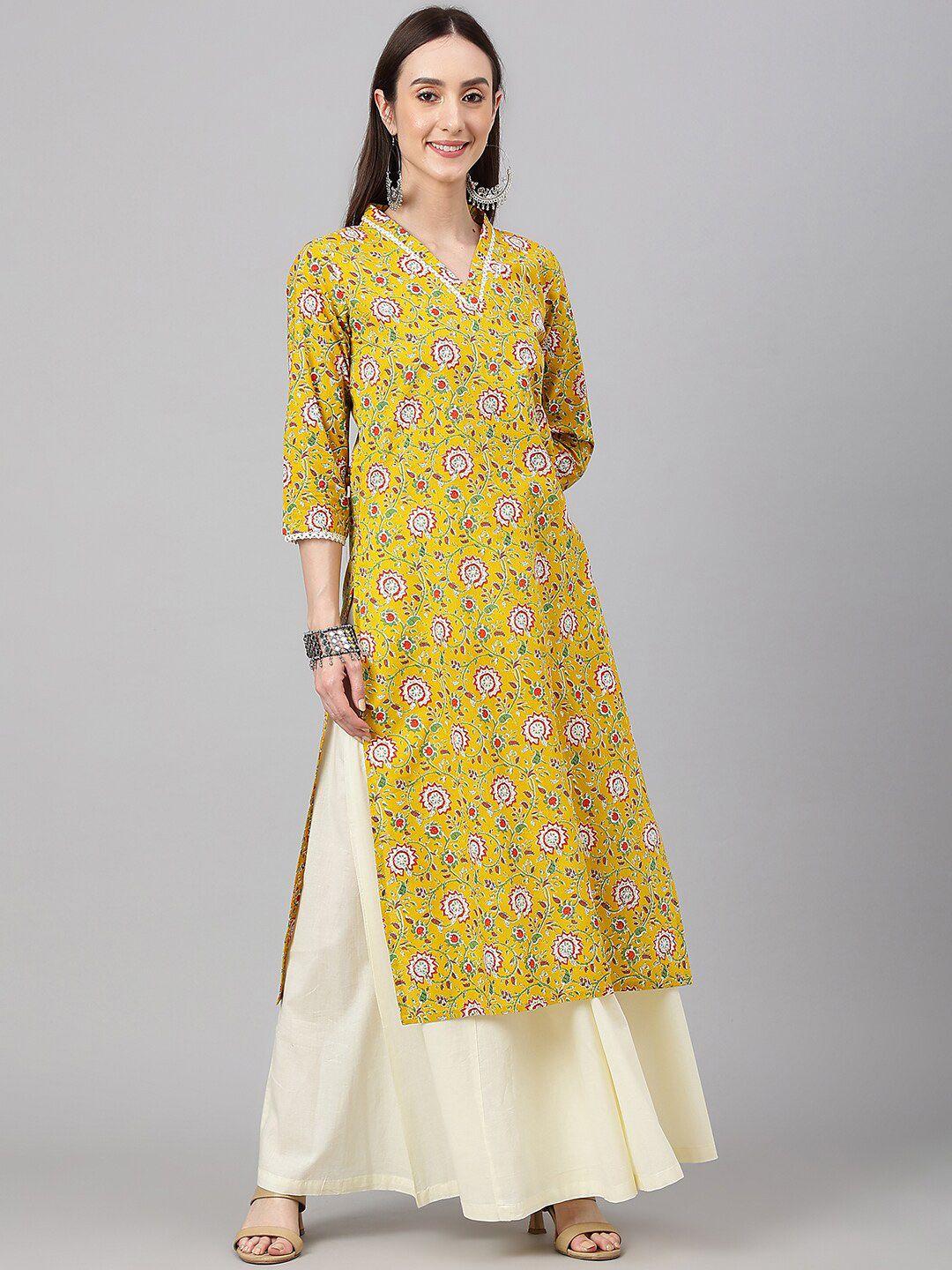 janasya women's mustard yellow cotton floral print straight kurta