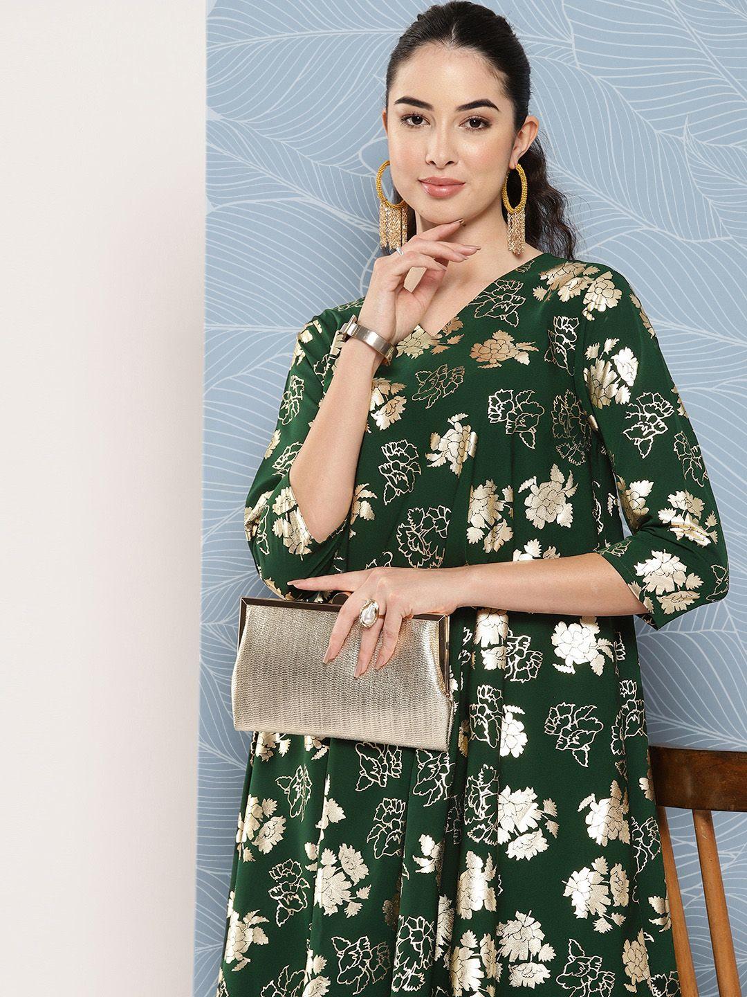 janasya  floral foil printed a-line kurta with palazzos