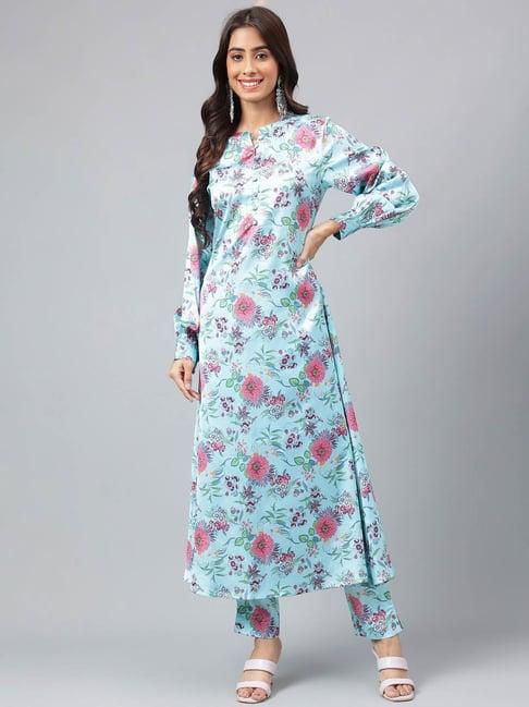 janasya aqua floral print kurta pant set