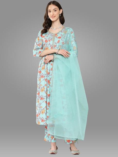 janasya aqua floral print kurta with pant & dupatta