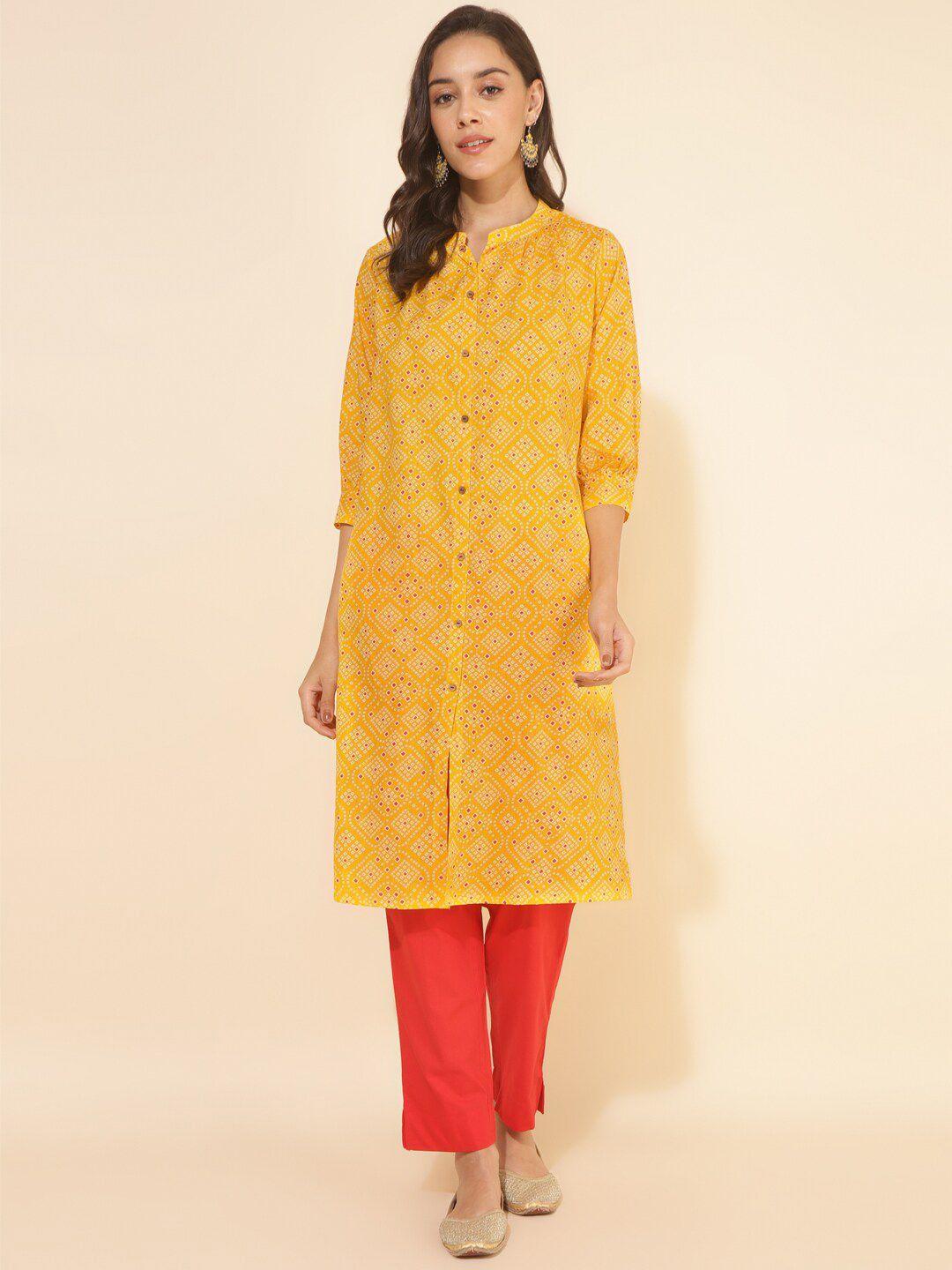 janasya bandhani printed mandarin collar cotton a-line kurta