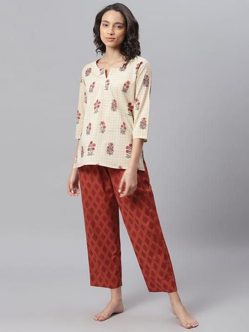 janasya beige & maroon printed top with pyjama set