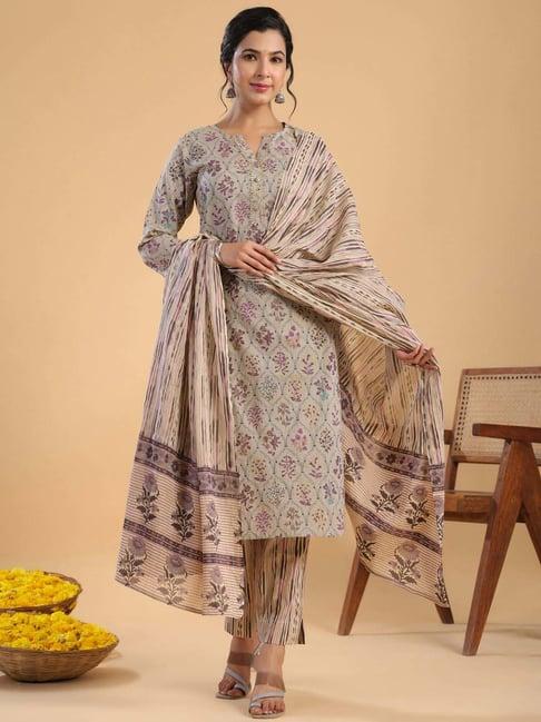 janasya beige cotton floral print kurta & pant set with dupatta