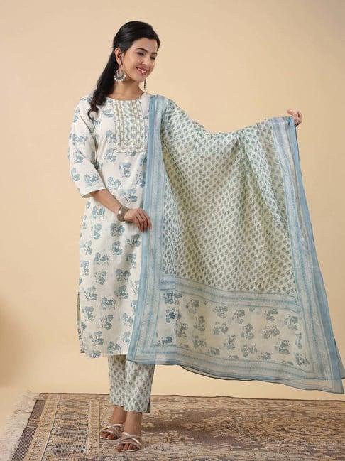 janasya beige cotton floral print kurta & pant set with dupatta