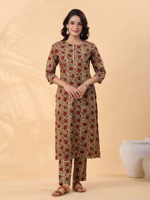 janasya beige cotton floral print kurta & pant set