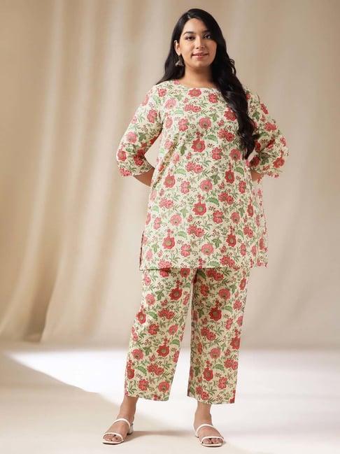 janasya beige cotton floral print kurti pant set