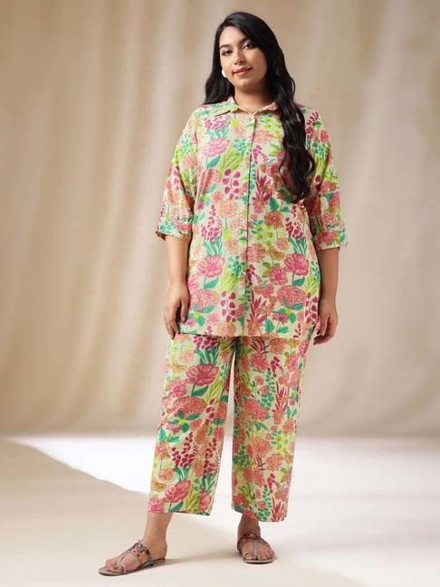 janasya beige cotton floral print kurti pant set