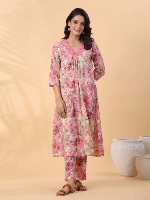 janasya beige cotton printed kurta & pant set