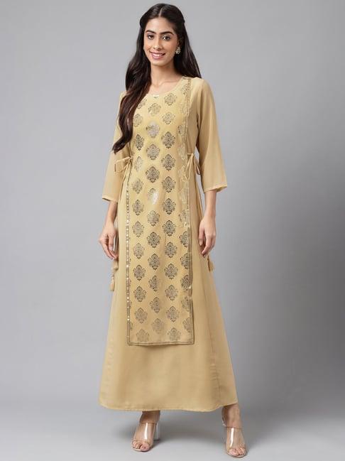 janasya beige embellished a line kurta