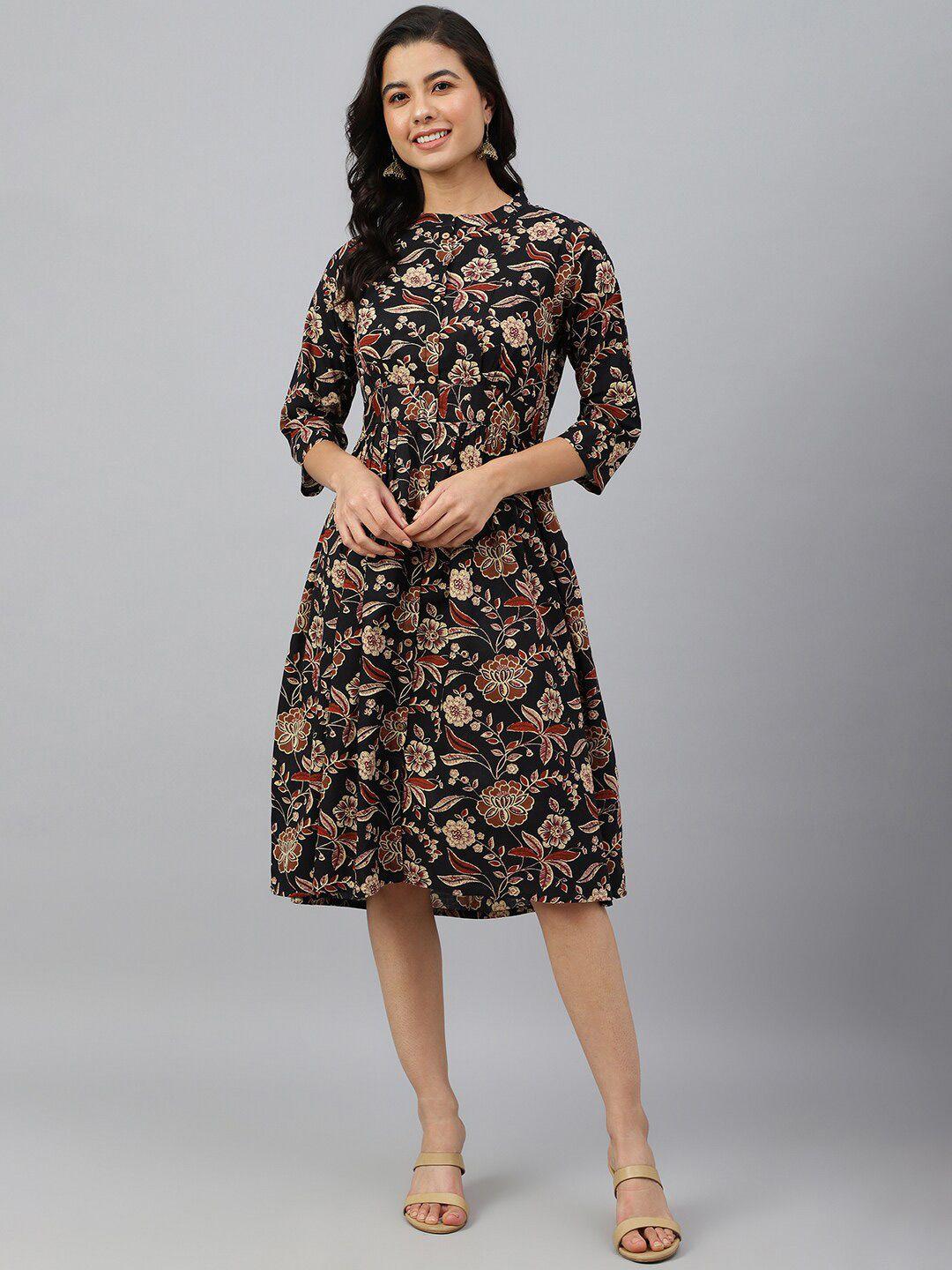 janasya black & beige floral print fit & flare dress