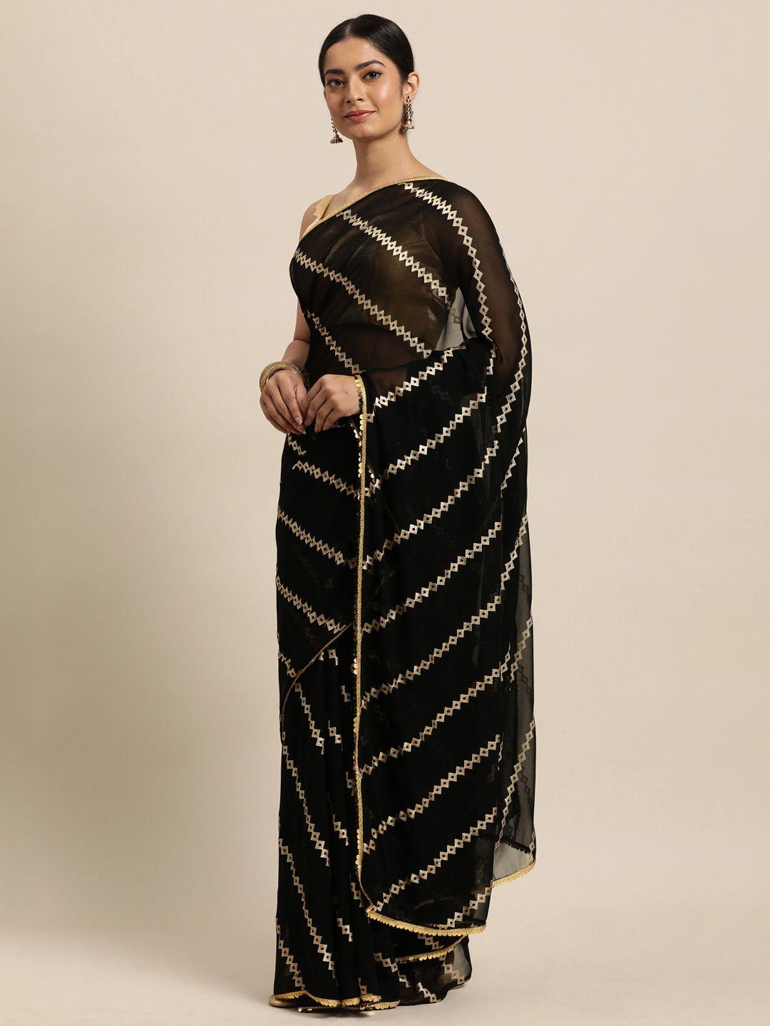 janasya black & golden printed poly georgette saree