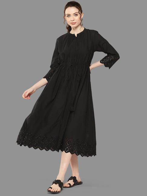 janasya black cotton a-line dress