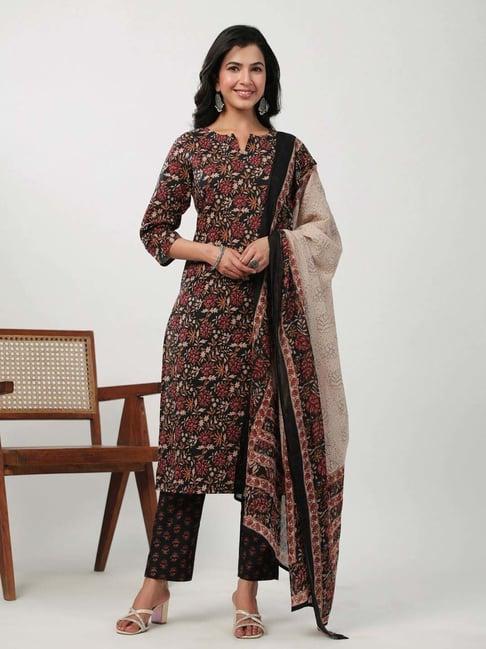 janasya black cotton floral print kurta & pant set with dupatta