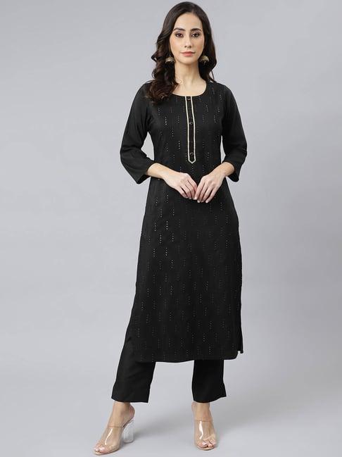 janasya black embroidered straight kurta pant set