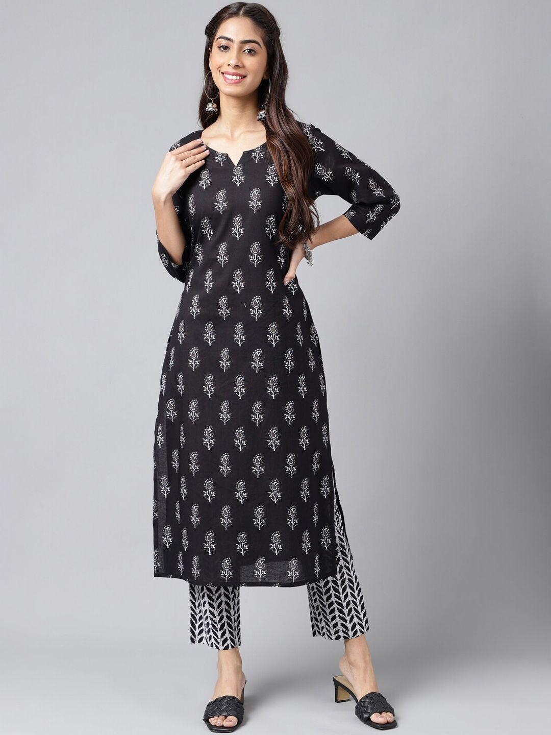 janasya black ethnic motifs printed pure cotton straight kurta with trousers