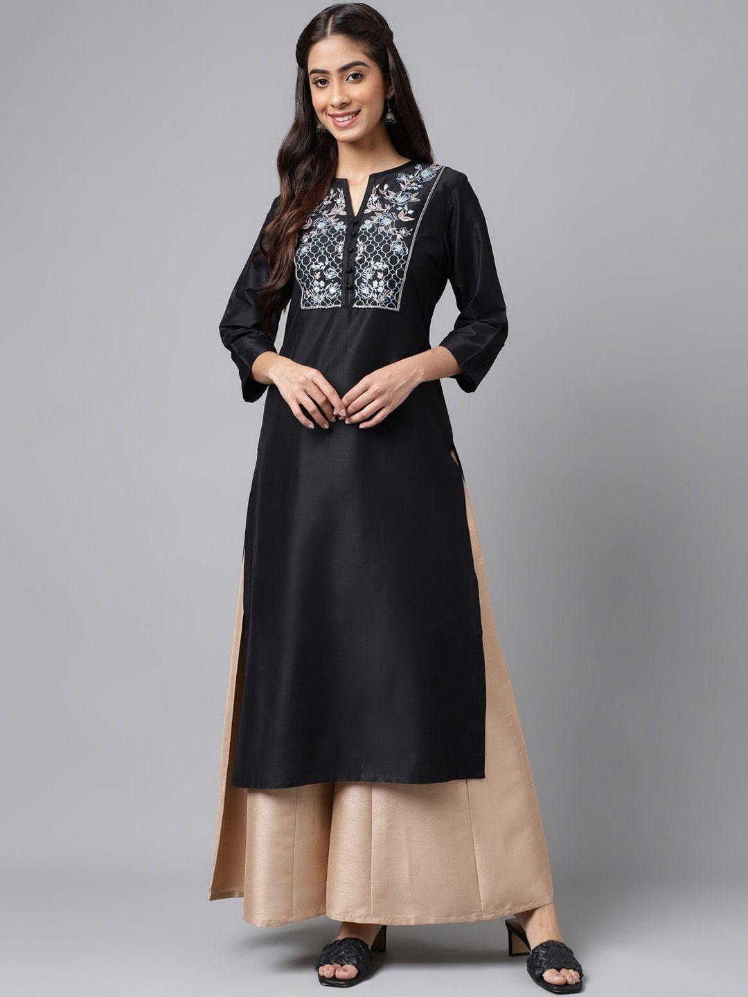 janasya black round neck thread work detailed straight kurta