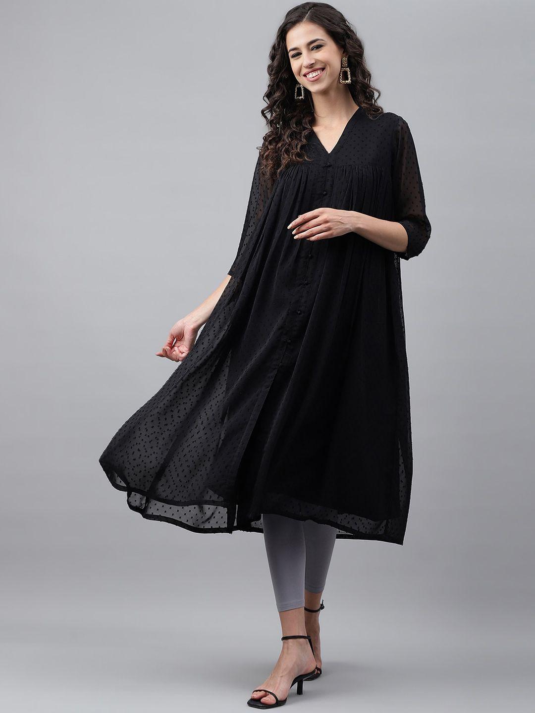 janasya black v-neck woven design a-line chiffon kurta