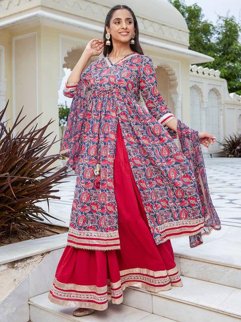 janasya blue & red cotton floral print kurta with skirt & dupatta