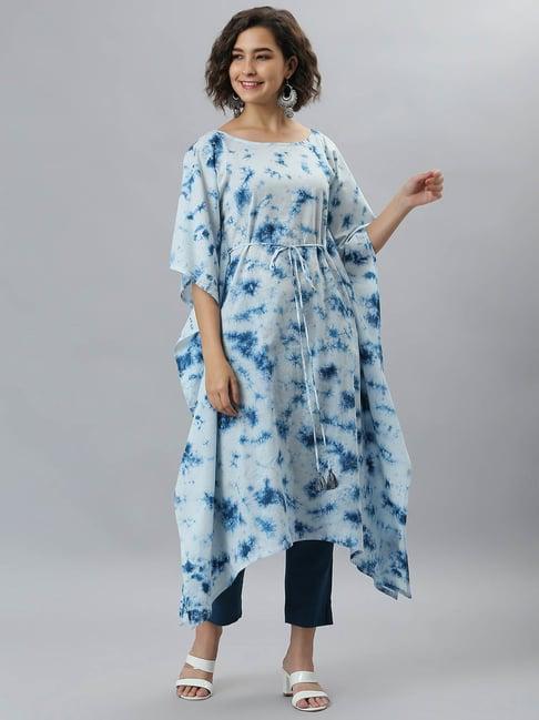 janasya blue & white cotton tie-dye a line kaftan kurta