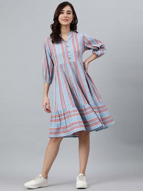 janasya blue cotton  stripes casual dresses