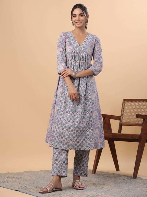 janasya blue cotton floral print kurta & pant set