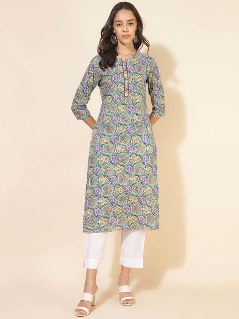 janasya blue cotton floral print straight kurta