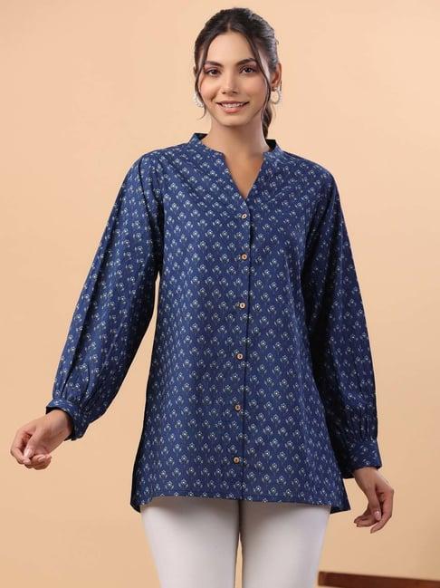 janasya blue cotton floral print tunic