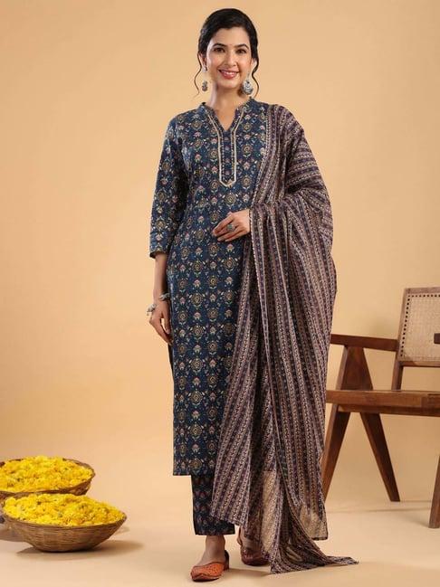 janasya blue cotton self kurta & pant set with dupatta