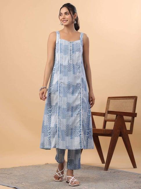 janasya blue cotton self kurta & pant set