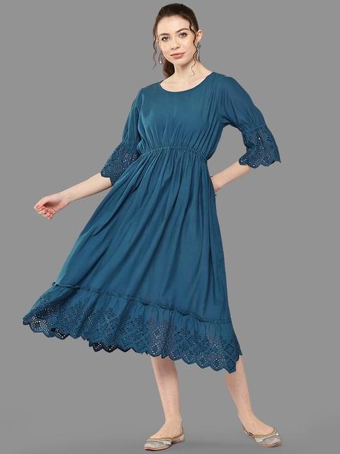 janasya blue cotton self pattern a-line dress